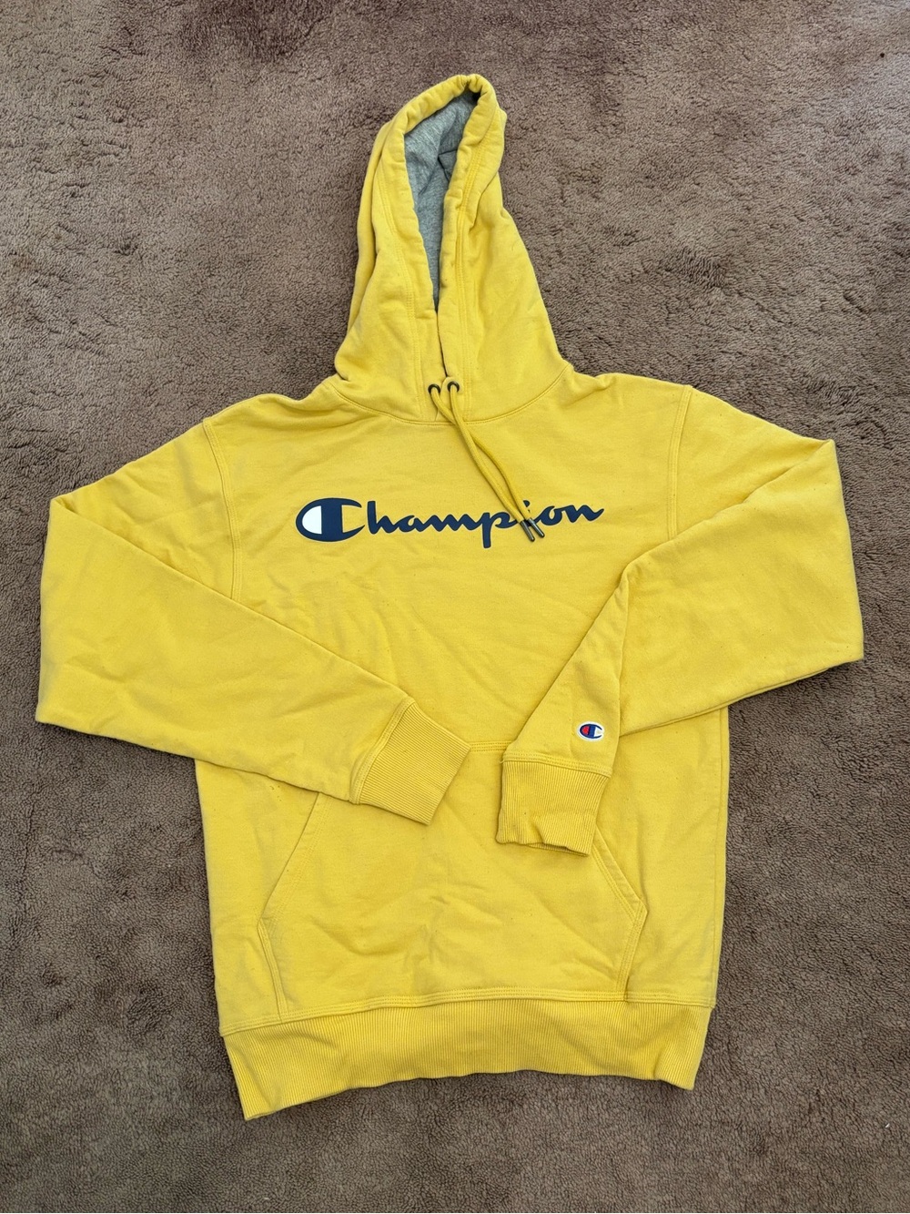 Champion Men’s Yellow Crewneck Hoodie with Navy Logo